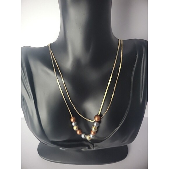 Vintage Gold Tone Multi Strand Chain Necklace Beaded Jewelry Costume - Picture 4 of 10